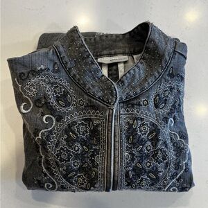 Chico's Platinum Embellished Beaded Denim Jacket Womens Sz 2 Gray Ornate